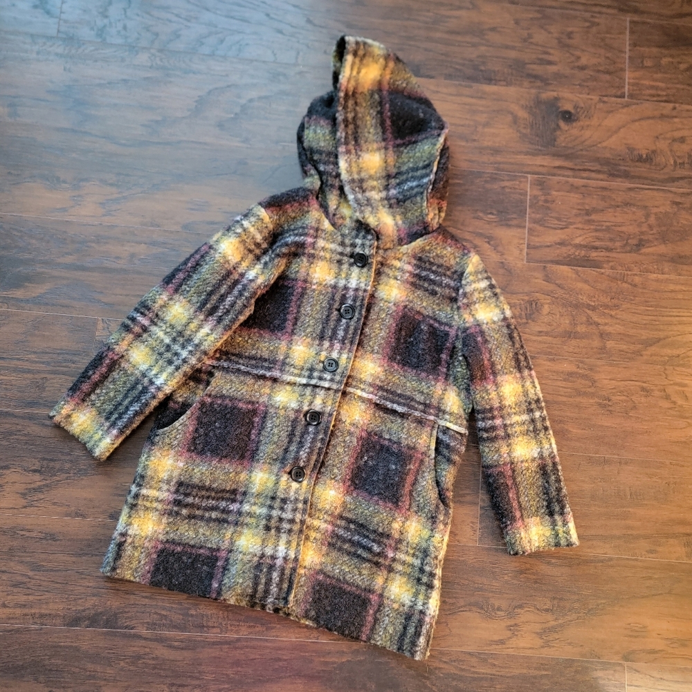 vintage plaid boucle wool fleece trench car coat jacket hooded duffle oversized